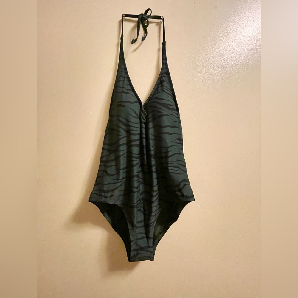 Tiger print swimsuit in dark green.